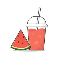 Wassermelone Saft oder Milchshake im wegbringen Plastik Tasse Vektor Symbol Illustration. kalt Getränke im Plastik Tassen mit Eis eben Symbol