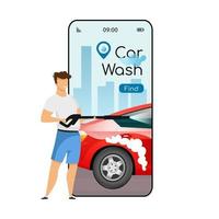 Autowasch-Cartoon-Smartphone-Vektor-App-Bildschirm. Handy-Display mit flachem Charakter-Design-Mockup. Selbstreinigung mit Selbstbedienung. Autowaschanlagen suchen Anwendung Telefonschnittstelle vektor