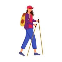 Frau mit Wanderstöcken flachbild Vector Illustration. Camping-Aktivität. günstige Reisewahl. Aktivurlaub. Budgettourismus. Rundgang isolierte Zeichentrickfigur auf weißem Hintergrund