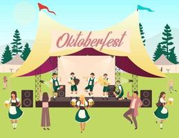 oktoberfest flache vektorillustration. Musik und Tänze. Volksaufführung im Zelt. Bierfest, Oktoberfestkonzert. Leute in Trachten tragen Bier und tanzen. Zeichentrickfiguren zum Volksfest vektor