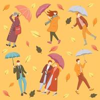 människor med paraplyer platt vektor sömlösa mönster. orange bakgrund. säsongskläder. höstlövstruktur med tecknade färgikoner. regnigt och blåsigt väderpapper, tapetdesign