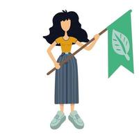 Null Abfall flache Cartoon-Vektor-Illustration. stehende Frau hält grüne Flagge, Blatt. Umweltschutz. gebrauchsfertige 2D-Zeichenvorlage für kommerzielles Druckdesign. isolierter Comic-Held vektor