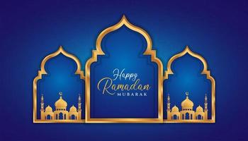 Ramadan Kareem Konzept Hintergrund mit goldenem 3D-Rahmen, arabische Tür auf blauem Hintergrund mit schönem Arabeskenmuster. kann für Grußkarten, Kulissen oder Banner verwendet werden. vektor