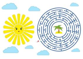 Rundes Labyrinth mit einer Zeichentrickfigur. schöne Sonne mit Wolken und Strand. ein interessantes und sich entwickelndes Spiel für Kinder. einfache flache isolierte vektorillustration. vektor