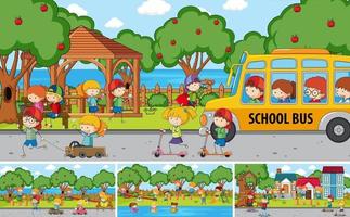 Outdoor-Szene mit vielen Kindern Gekritzel Zeichentrickfigur gesetzt vektor