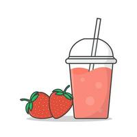 jordgubb juice eller milkshake i hämtmat plast kopp vektor ikon illustration. kall drycker i plast koppar med is platt ikon