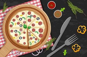 Draufsicht auf eine ganze Pizza mit Peperoni-Topping auf dem Tischhintergrund vektor