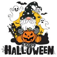 glücklich Halloween Vektor Illustration mit Gnom, Geister, Fledermäuse, Schloss, Kürbis Jack und Spinne Netz. komisch Halloween Gnom Design isoliert.