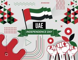 uea nationell dag baner med Karta, flagga av förenad arab emirates färger tema bakgrund och geometrisk abstrakt retro modern color design med Uppfostrad händer eller nävar. vektor