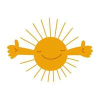 söt rolig Sol kramas karaktär. vektor hand dragen söt tecknad serie karaktär illustration ikon. isolerat på vit bakgrund. Sol med leende och hand bild.