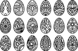Ostereier-Illustrationssatz. Sammlung von gemusterten, verzierten Eiern mit Blumen, Kaninchen und abstrakten Formen. Osterdeko-Eierset