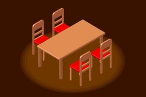 isometrisches Esszimmer. isometrischer Esstisch und roter Stuhl im dunkelbraunen Raum. 3D-Rendering. vektor