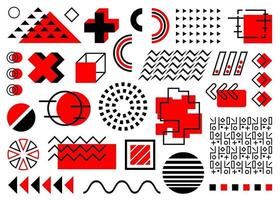 Vektor-rote und schwarze Memphis-Set isoliert auf weißem Hintergrund. Dreiecke, Zickzack, Kreise, Quadrate und andere flache Designformen. für Ihre Gestaltung als Flyer, Banner, Broschüren, Karten, vektor