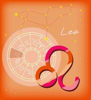 leo tecken, zodiaken bakgrund. skön och enkel vektor bild av orange, starry himmel med leo zodiaken konstellation med inkapslade leo tecken och konstellation namn.