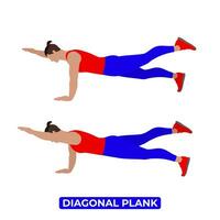 vektor man håller på med diagonal planka. kroppsvikt kondition magmuskler och kärna träna träning. ett pedagogisk illustration på en vit bakgrund.