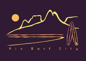 Vektor Illustration von Rio de Janeiro Küsten Landschaft mit Surfbretter. Kunst im ein minimalistisch Stil, mit stilisiert und einfach Linien. editierbar Design zum Drucken auf T-Shirts, Poster, Dekoration, usw.
