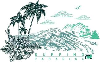 schön Vektor Illustration von Küsten Landschaft mit Text verbunden zu Surfen. handgemacht Zeichnung mit kostenlos und übersichtlich Linien. Kunst zum druckt auf T-Shirts, Poster, usw...