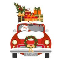 Santa liefert die Geschenke im ein rot retro Wagen. rot Santa Auto mit die Geschenke im Vorderseite. vektor