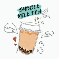bubbla mjölk te specialerbjudanden design, boba mjölk te, pärlemjölk te, smaskiga drycker, kaffe och läsk med logotyp och klotter stil reklam banner. vektor illustration.