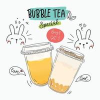 bubbla mjölk te design samling, pärlemjölk te, boba mjölk te, smaskiga drycker, kaffe med doodle stil banner, vektorillustration. vektor