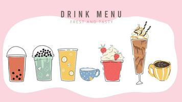 bubbla mjölk te design samling, pärlemjölk te, boba mjölk te, smaskiga drycker, kaffe med doodle stil banner, vektorillustration. vektor