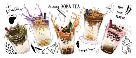 Bubble Milk Tea Sonderaktionen Design, Boba Milk Tea, Pearl Milk Tea, leckere Getränke, Kaffee und alkoholfreie Getränke mit Logo und süßem lustigem Doodle-Werbebanner. Vektor-Illustration.
