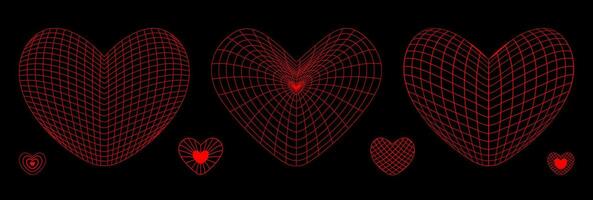 Neon- rot Drahtmodell Herz Formen einstellen auf schwarz Hintergrund. Vektor y2k Design Elemente. Liebe oder Kardiologie Konzept