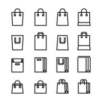 Reihe von minimalen Einkaufstüten-Symbolen in schwarzer Farbe und flachem Stil isoliert auf weißem Hintergrund vektor