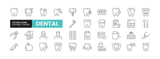 uppsättning av 36 dental linje ikoner uppsättning. dental översikt ikoner med redigerbar stroke samling. inkluderar tandläkare, tänder, behandling, klinik, tandställning och Mer. vektor