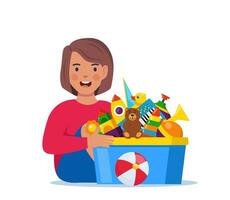 Lycklig flicka unge innehav leksak låda full av leksaker. kuber, snurra, Anka, boll skallra, pyramid, rör, Björn, boll, raket, tamburin, båt. vektor illustration.