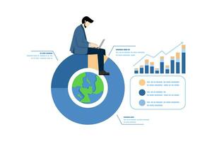 Welt Finanzen oder Wirtschaft Konzept, global Portfolio Anlagegut Zuweisung, Welt Lager Markt Investition, International Markt Teilen Kuchen Diagramm, Geschäftsmann Arbeiten mit Computer Laptop auf Welt Kuchen Diagramm. vektor