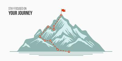Reise Konzept Vektor Illustration von ein Berg mit Pfad und ein Flagge beim das Spitze, Route zu Berg Gipfel, Geschäft Reise und Planung Konzept.