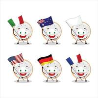 Vanille Krapfen Karikatur Charakter bringen das Flaggen von verschiedene Länder vektor