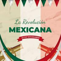 dekorativ la Revolution mexicana Gruß im alt Papier Stil mit realistisch Flaggen, Kanonen und Bänder vektor