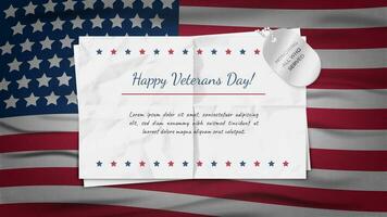 Lycklig veteraner dag hälsning i brev begrepp på USA flagga bakgrund med uppfyllande Allt vem eras text på hund taggar vektor