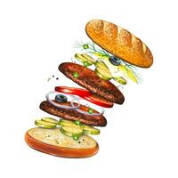 flygande gott burger med Ingredienser, vattenfärg snabbmat illustration. vektor