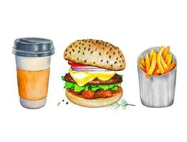 Burger mit Französisch Fritten, Kaffee. Aquarell Illustration vektor