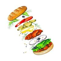 flygande burger med Ingredienser, vattenfärg vektor