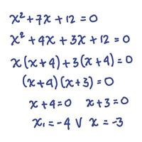 lösen quadratisch Gleichungen durch Factoring. Algebra, Infinitesimalrechnung Senior hoch. mathematisch Formeln. Vektor Illustration. isoliert auf Weiß Hintergrund.