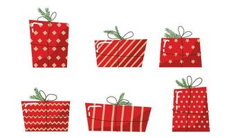 uppsättning av jul gåvor. lådor i röd papper med jul träd grenar vektor