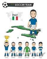 Italien fotbollslandslaget. fotbollsspelare med sporttröja stå på perspektiv fält landskarta och världskarta. uppsättning fotbollsspelarpositioner. tecknad karaktär platt design vektor