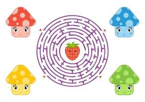 Rundes Labyrinth mit Zeichentrickfiguren. süße Pilze. ein interessantes und sich entwickelndes Spiel für Kinder. einfache flache isolierte Vektorillustration vektor