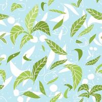 grün-blauer Sommer lässt nahtloses Muster. Vektor-Illustration von Kirschen, Pflaumen, Blätter-Silhouetten auf blauem Hintergrund im flachen und doodle-Stil vektor