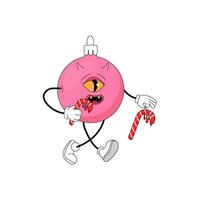 psychedelisch groovig Weihnachten Charakter Ball Teufel kommt mit ein Süßigkeiten. vektor