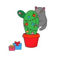 de katt klättrade upp de kaktus träd. ny år och jul. vektor