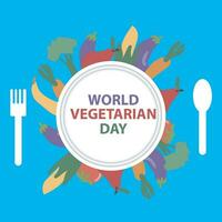 värld vegetarian dag grönsaker och frukt Bakom ett tömma tallrik vektor