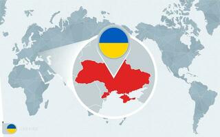 pacific centrerad värld Karta med förstorade ukraina. flagga och Karta av ukraina. vektor