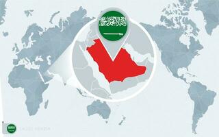 pacific centrerad värld Karta med förstorade saudi arabien. flagga och Karta av saudi arabien. vektor