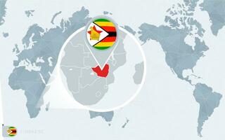 pacific centrerad värld Karta med förstorade zimbabwe. flagga och Karta av zimbabwe. vektor