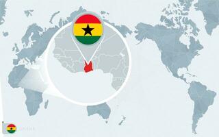 pacific centrerad värld Karta med förstorade ghana. flagga och Karta av ghana. vektor